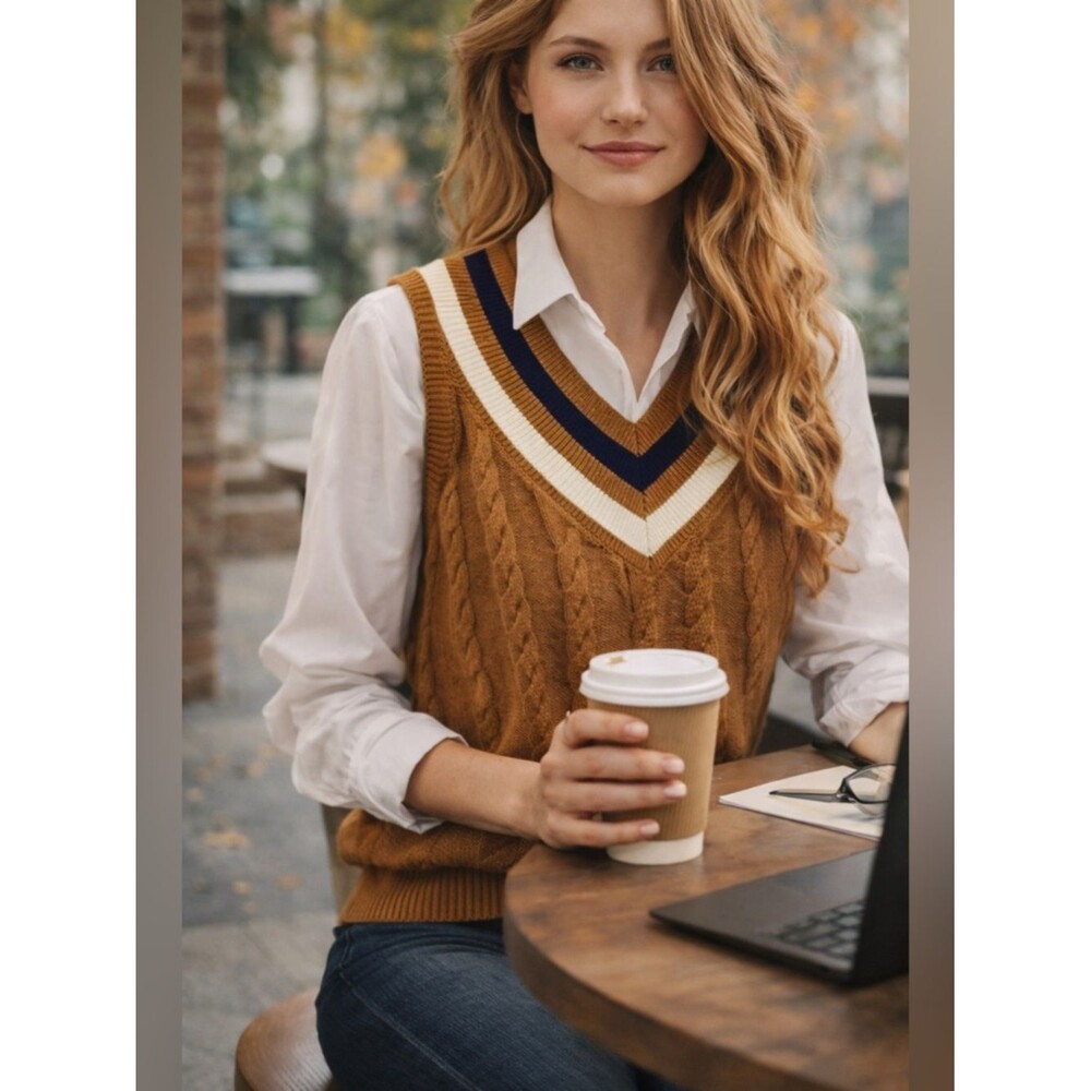 T by Talbots Cable Knit Sweater Vest NWT Mustard V-Neck Stripe Trim Preppy Med